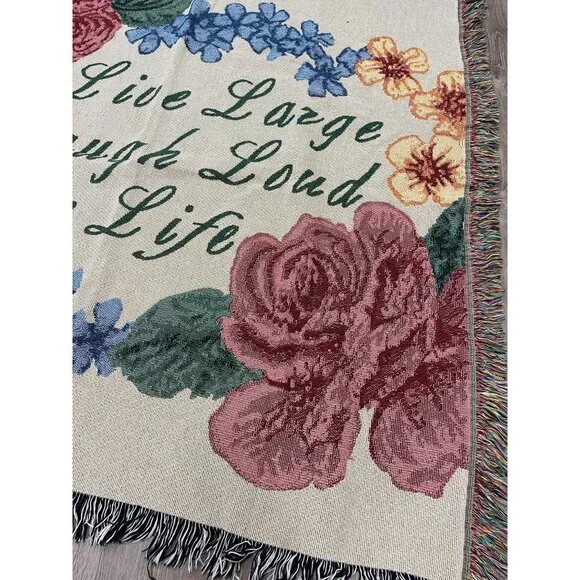 Vintage Live Laugh Love Colorful Floral Tapestry Throw Blanket 50 X 52 - Picture 3 of 12